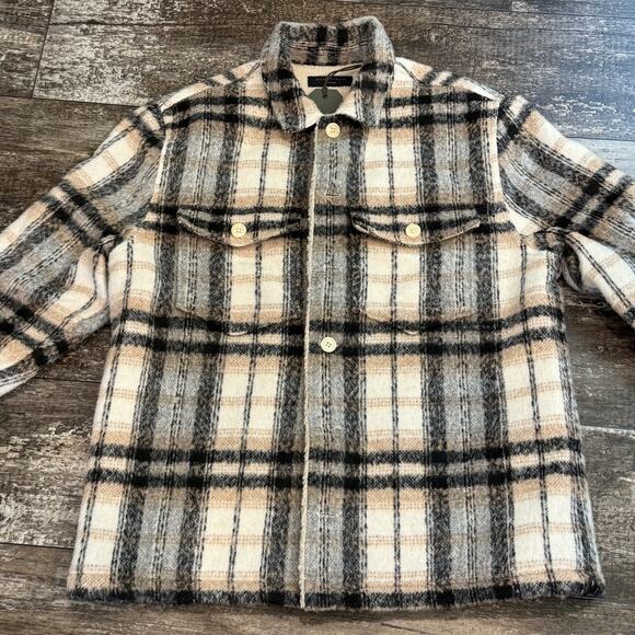 All Saints Cayuga Jacket Mens Medium Ecru Plaid Wool Blend Lined Shacket Button - Picture 2 of 16